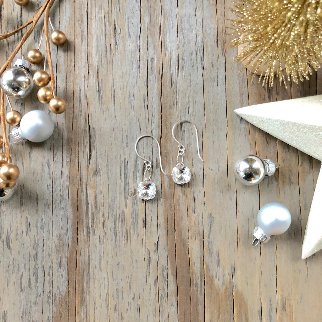 Sterling Silver Cushion Cut Swarovski Crystal Drop Earrings - Bridal