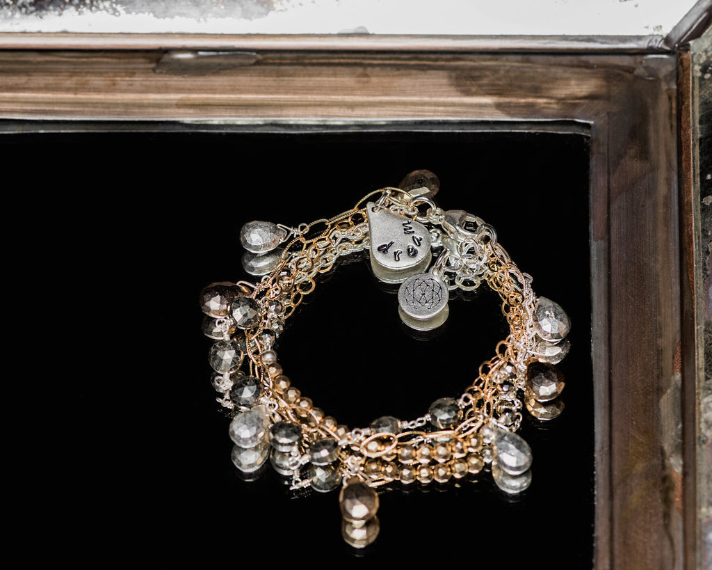Life Bejeweled Signature Tri-Strand Bracelet Metal Stones (Pyrite) w/Charm
