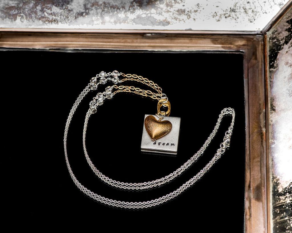 Life Bejeweled Signature Necklace w/Silver Square Blank and Brushed Gold Heart Pendant