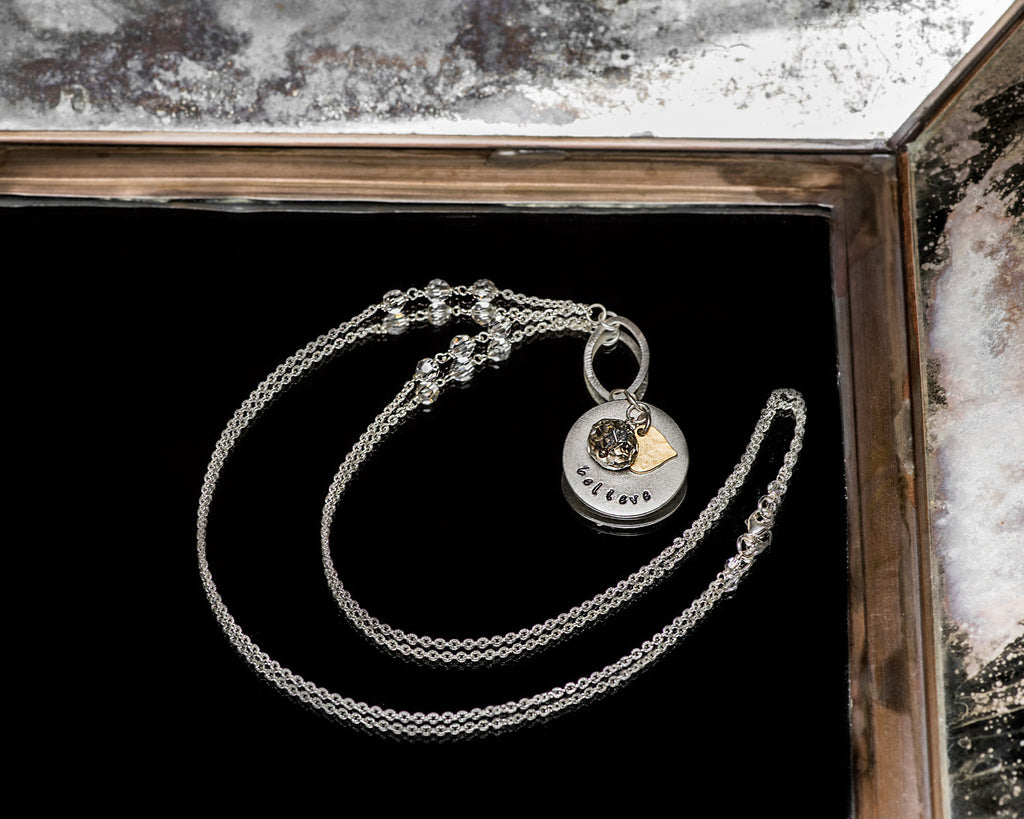 Life Bejeweled Signature Necklace w/Silver Round Blank and Swarovski Crystal and Heart Charms