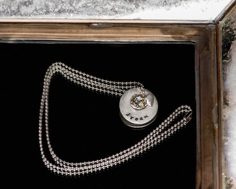Life Bejeweled Silver Round Charm with Swarovski Crystal Rondelle and Heart Pendant Necklace
