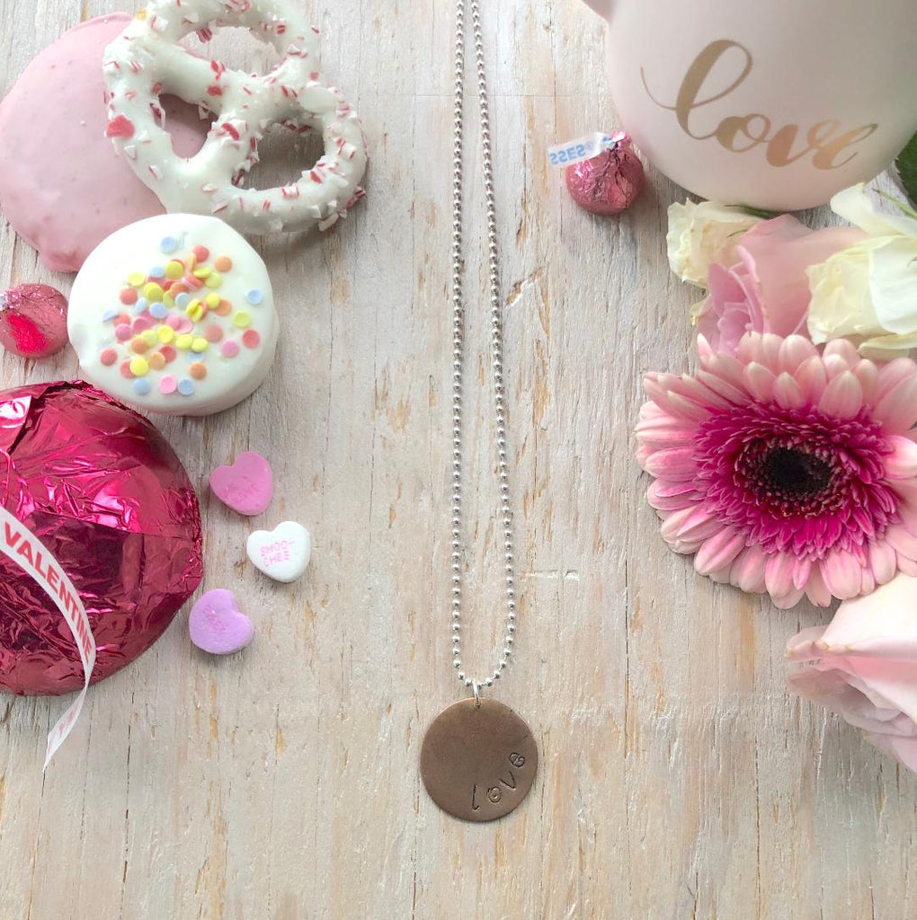 LOVE Stamped Round Charm Necklace