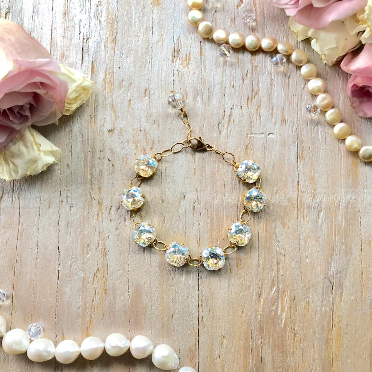 Gold Filled Cushion Cut Moonlight Foiled Swarovski Crystal Link Bracelet - Bridal