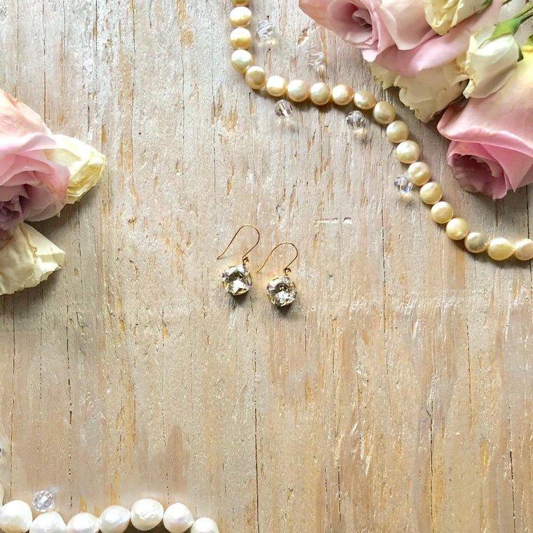 Gold Filled Cushion Cut Swarovski Crystal Drop Earrings - Bridal