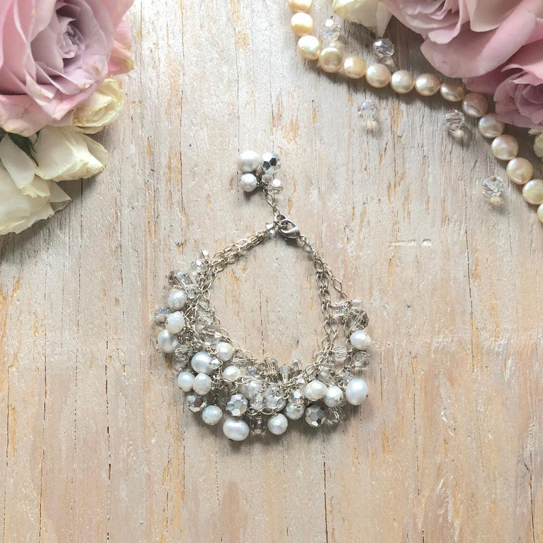 Gray, Cream and Silver Tri-Strand Swarovski Crystal and Pearl Drop Bracelet - Bridal