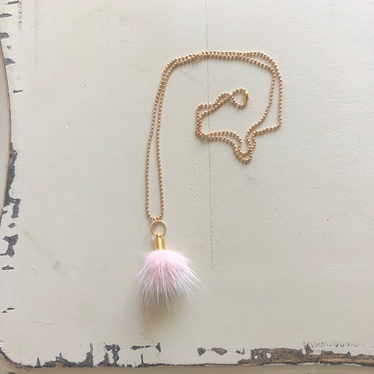Soft Pink and Gold Vermeil Faux Fur Puff Necklace  NEW