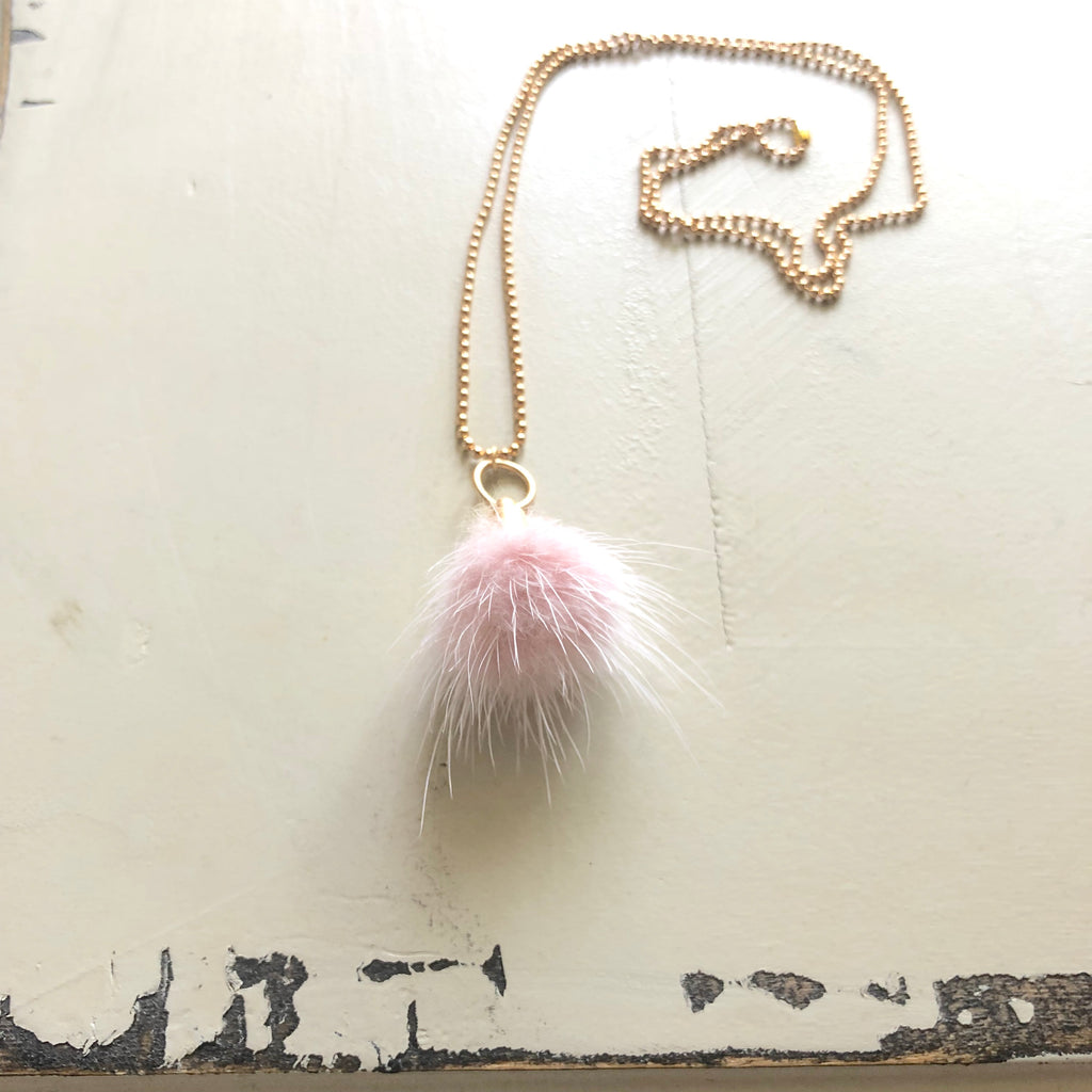 Soft Pink and Gold Vermeil Faux Fur Puff Necklace  NEW