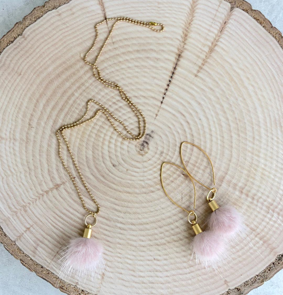 Soft Pink & Gold Faux Fur Puff Earrings  NEW