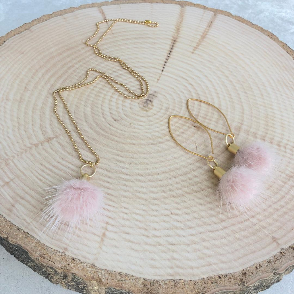 Soft Pink & Gold Faux Fur Puff Earrings  NEW