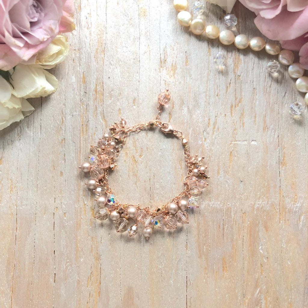 Rose Gold Double Strand Swarovski Crystal and Pearl Multi Drop Bracelet - Bridal