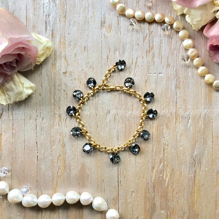 Gold Filled and Silver Night Swarovski Rivoli Drop Bracelet - Bridal