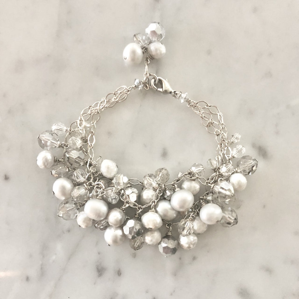 Gray, Cream and Silver Tri-Strand Swarovski Crystal and Pearl Drop Bracelet  NEW