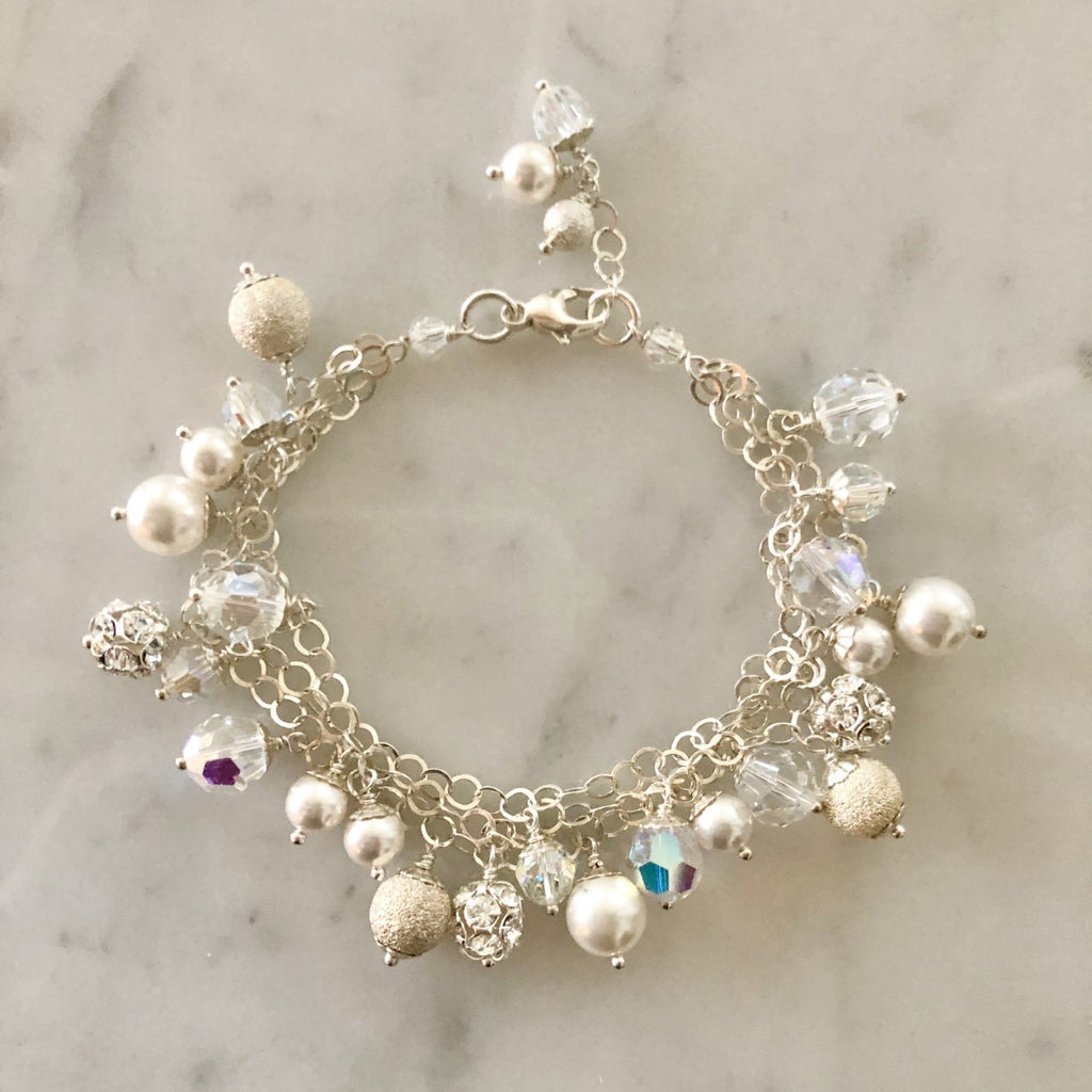Signature Bridal Tri-Strand Swarvoski Crystal & Pearl Cluster Drop Bracelet  NEW