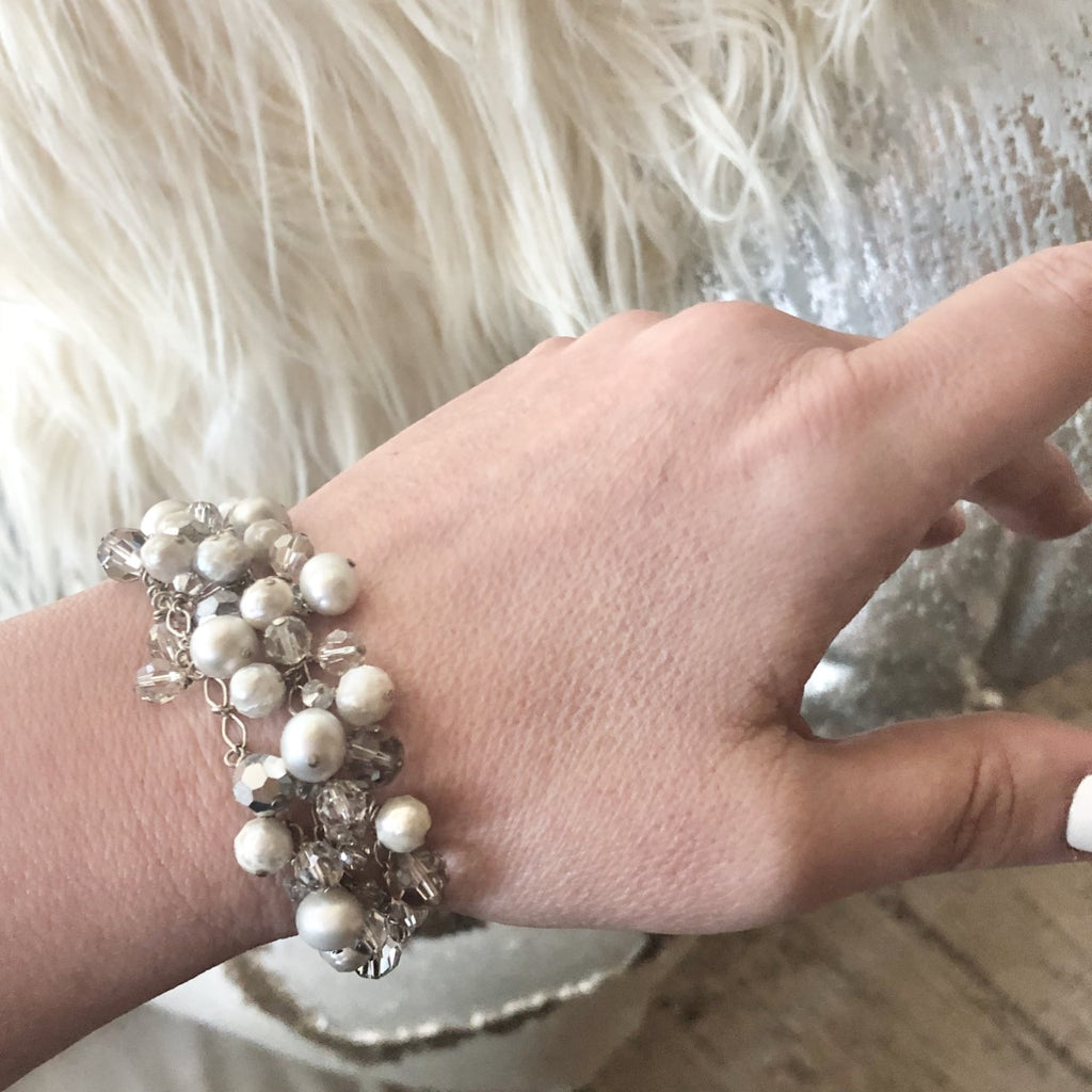 Gray, Cream and Silver Tri-Strand Swarovski Crystal and Pearl Drop Bracelet  NEW