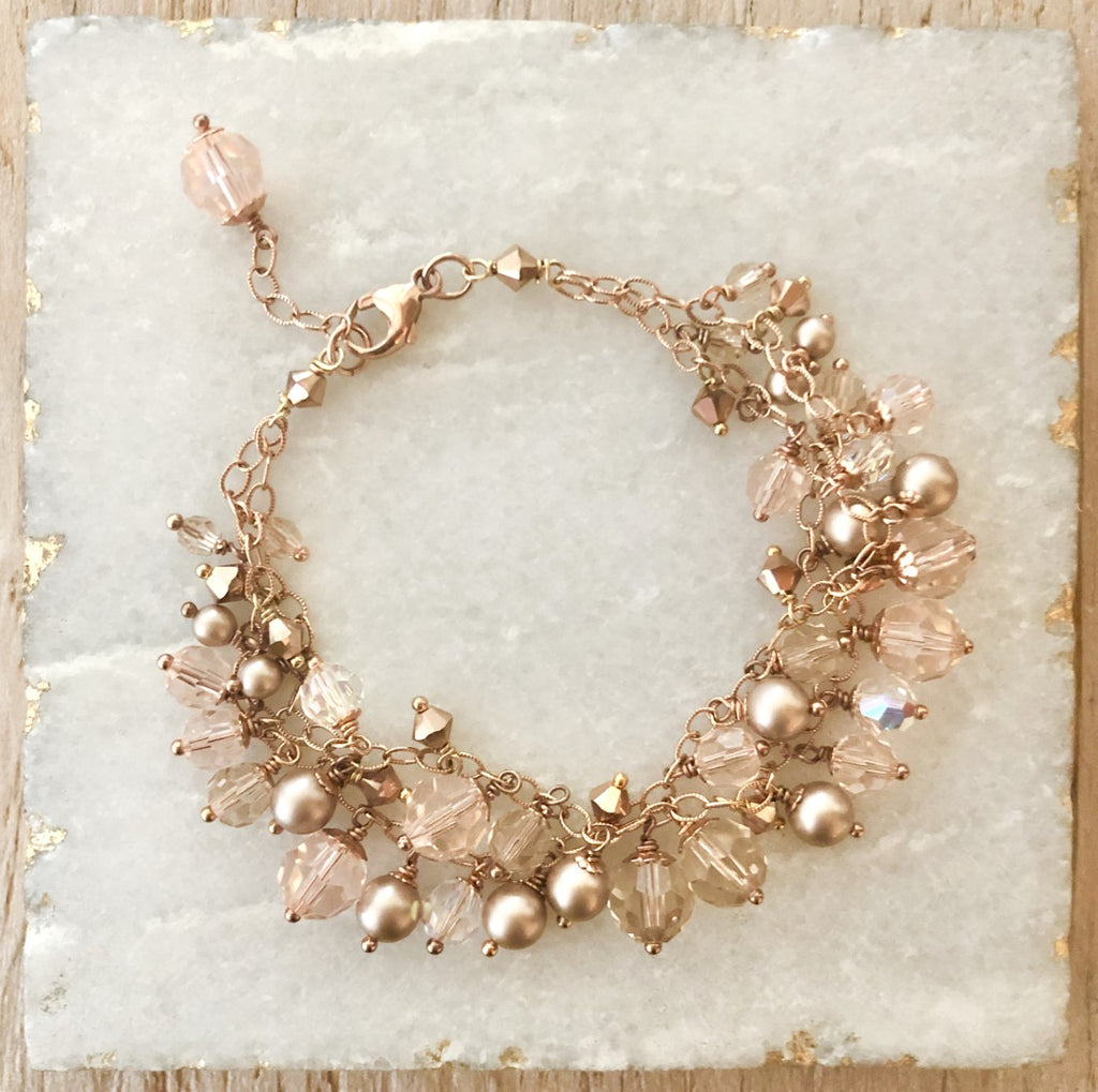 Rose Gold Double Strand Swarovski Crystal and Pearl Multi Drop Bracelet NEW