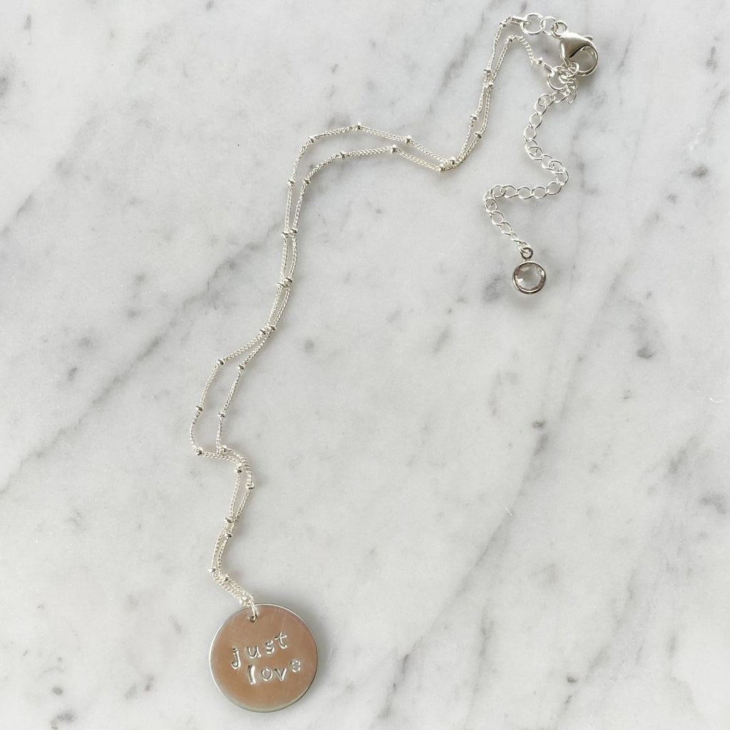 Sterling Silver Satellite Ball Beaded Chain Necklace with Round Just Love Charm  NEW