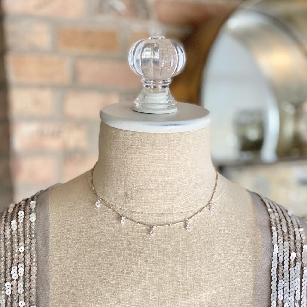 Sterling Silver Bar Chain Choker with Swarovski Crystal Drops  NEW