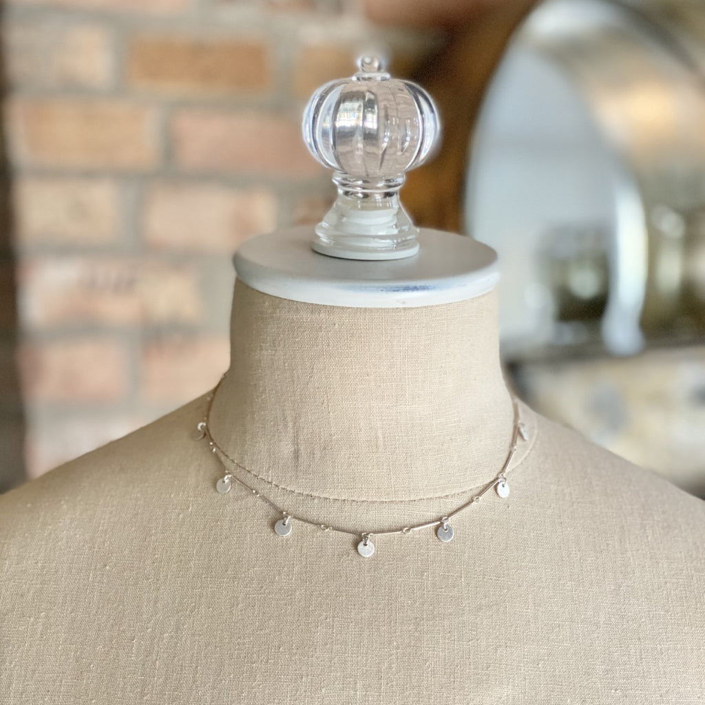 Sterling Silver Bar Chain Choker with Brushed Silver Disc Drops  NEW