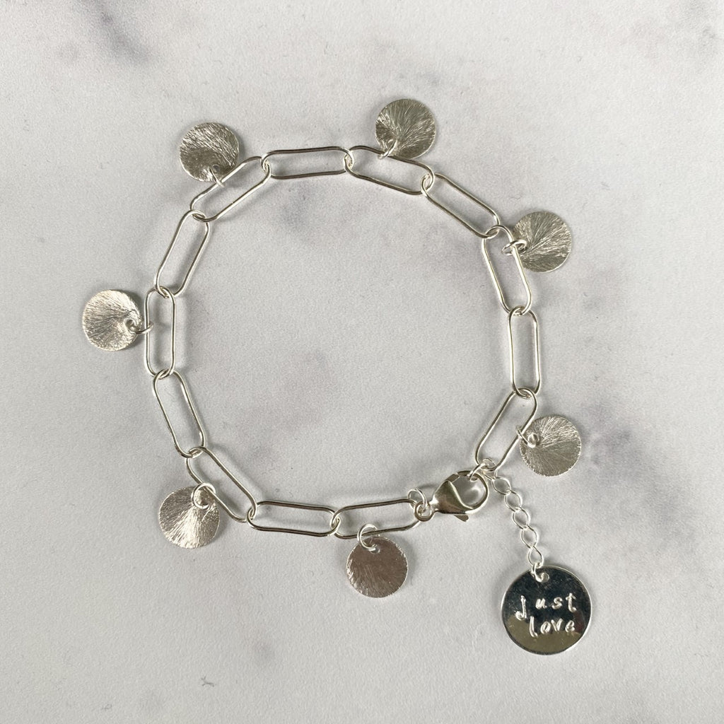 Brushed Sterling Silver Etched Discs On Paper Clip Chain Bracelet  NEW