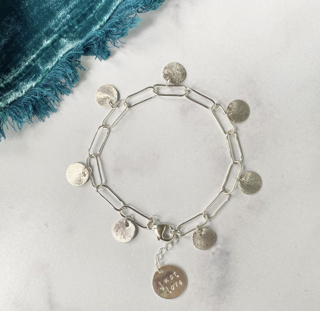Brushed Sterling Silver Etched Discs On Paper Clip Chain Bracelet  NEW