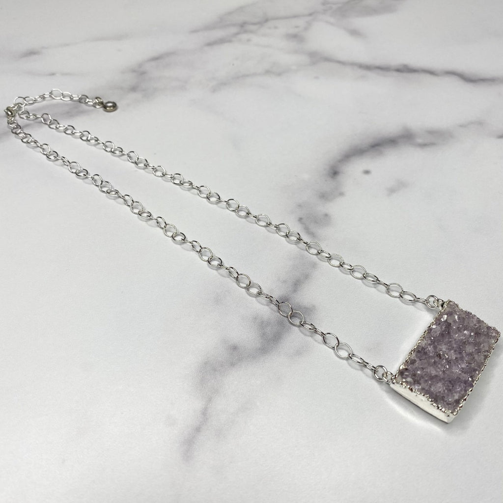 Lavendar Druzy Bar Pendant on Sterling Silver PaperClip Chain Necklace  NEW