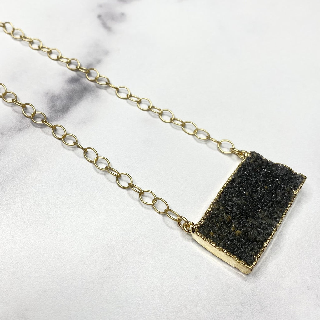 Dark Charcoal Druzy Bar Pendant on Gold Filled PaperClip Chain Necklace  NEW