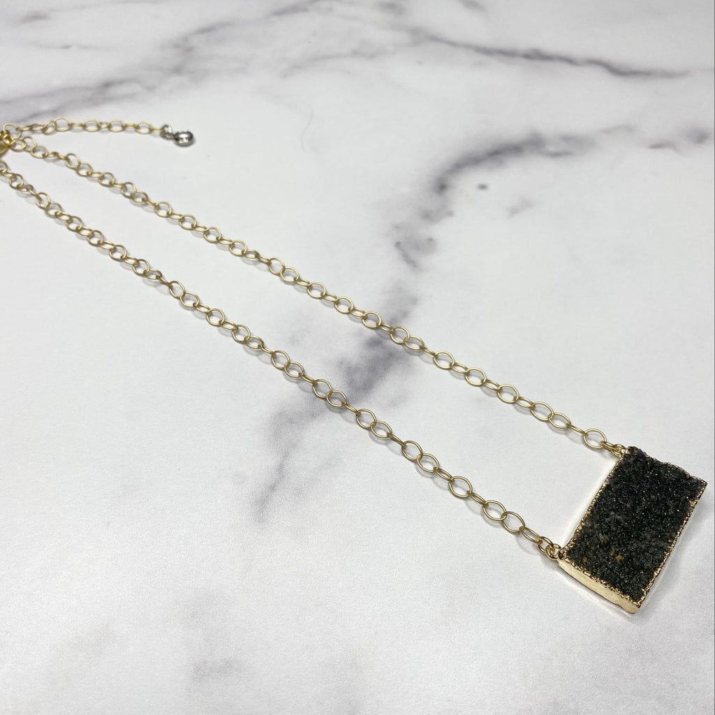 Dark Charcoal Druzy Bar Pendant on Gold Filled PaperClip Chain Necklace  NEW