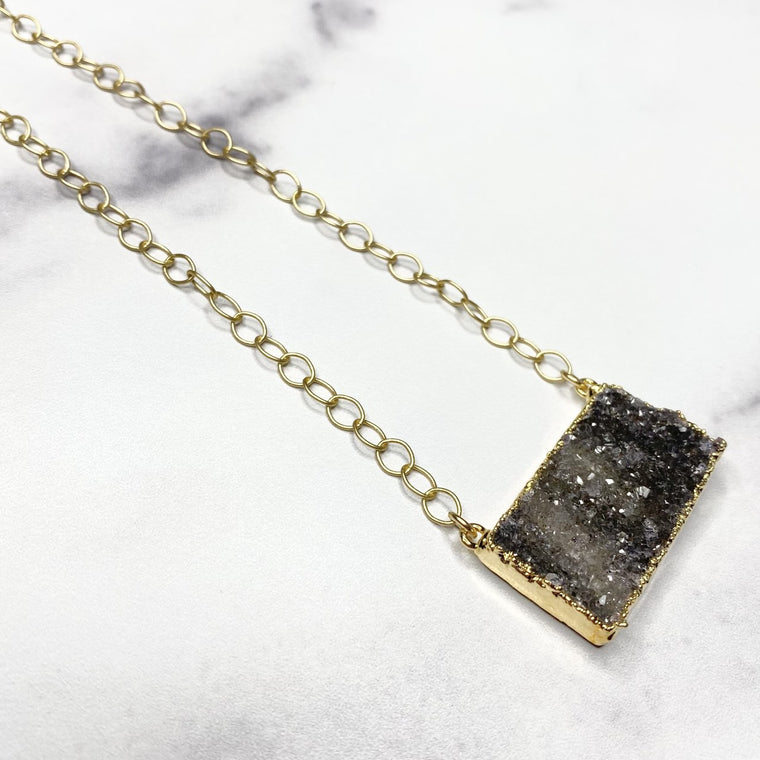 Charcoal Druzy Bar Pendant on Gold Filled PaperClip Chain Necklace  NEW